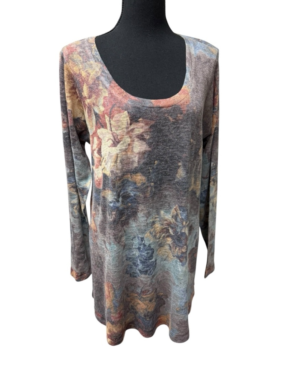 Soft Surroundings Floral Tunic Top Large Brown Gray Boho Long Sleeve Chic